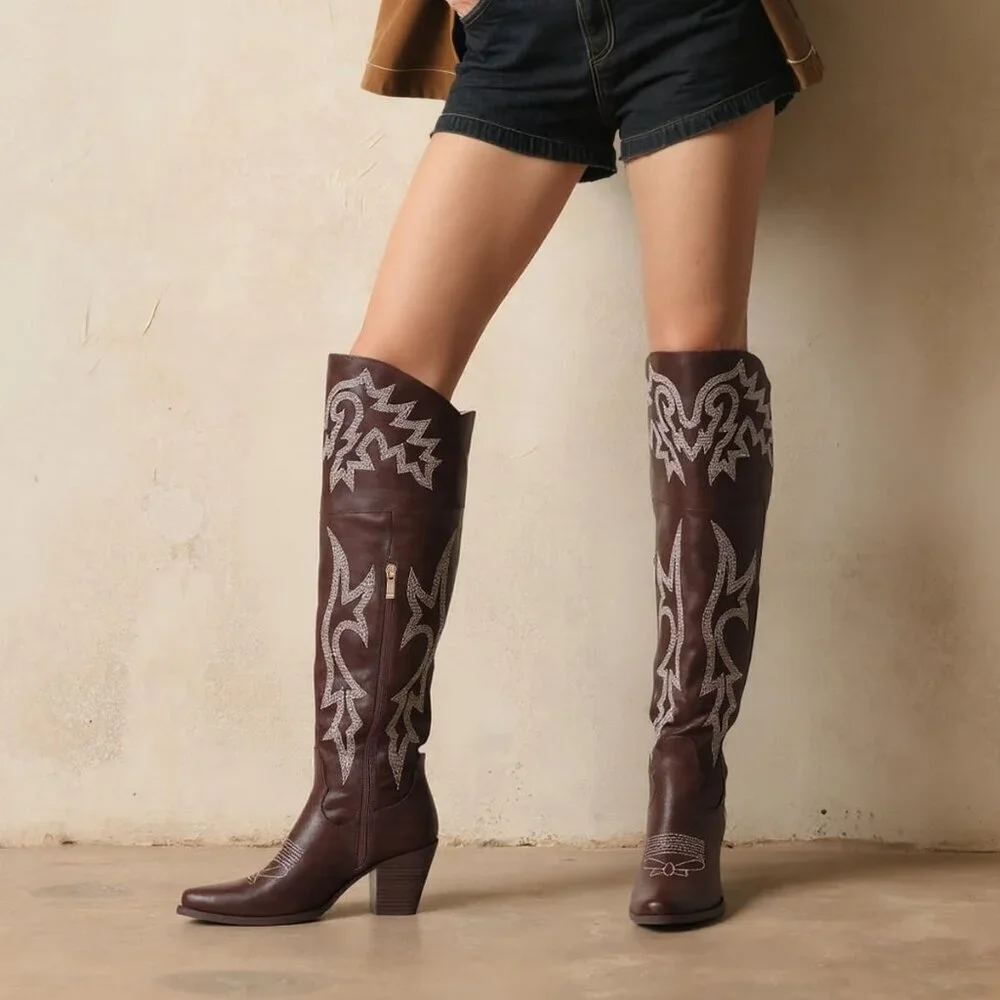 Women Dark Brown Pu Polyurethane Embroidered Pointed Toe Chunky Heels Tall Boots